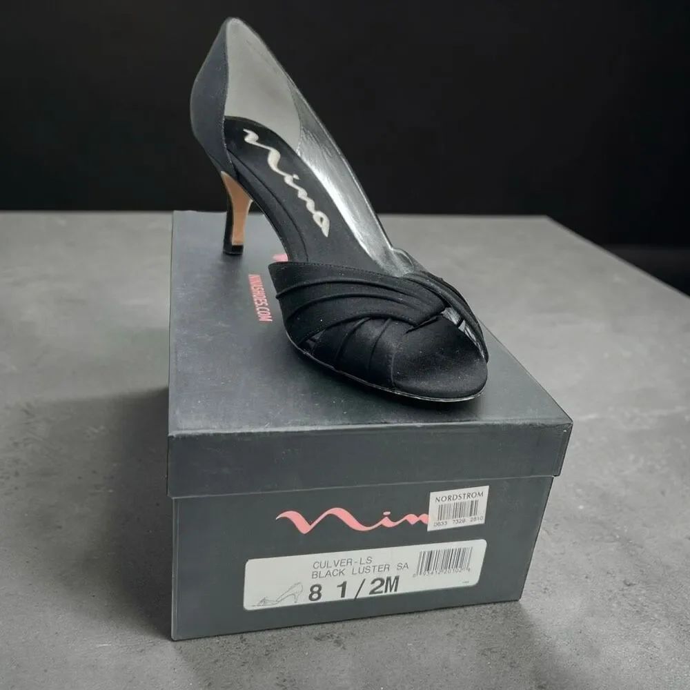 Nina Women's 8.5 Culver Luster Satin Peep Toe Slip-On Pump Heels Black Vintage